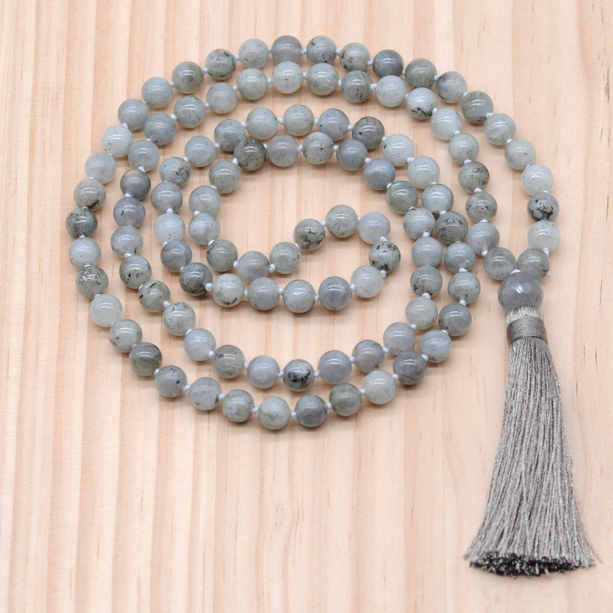 GMN196 Hand-Knotted Smooth Labradorite 108 Beads Mala Necklace