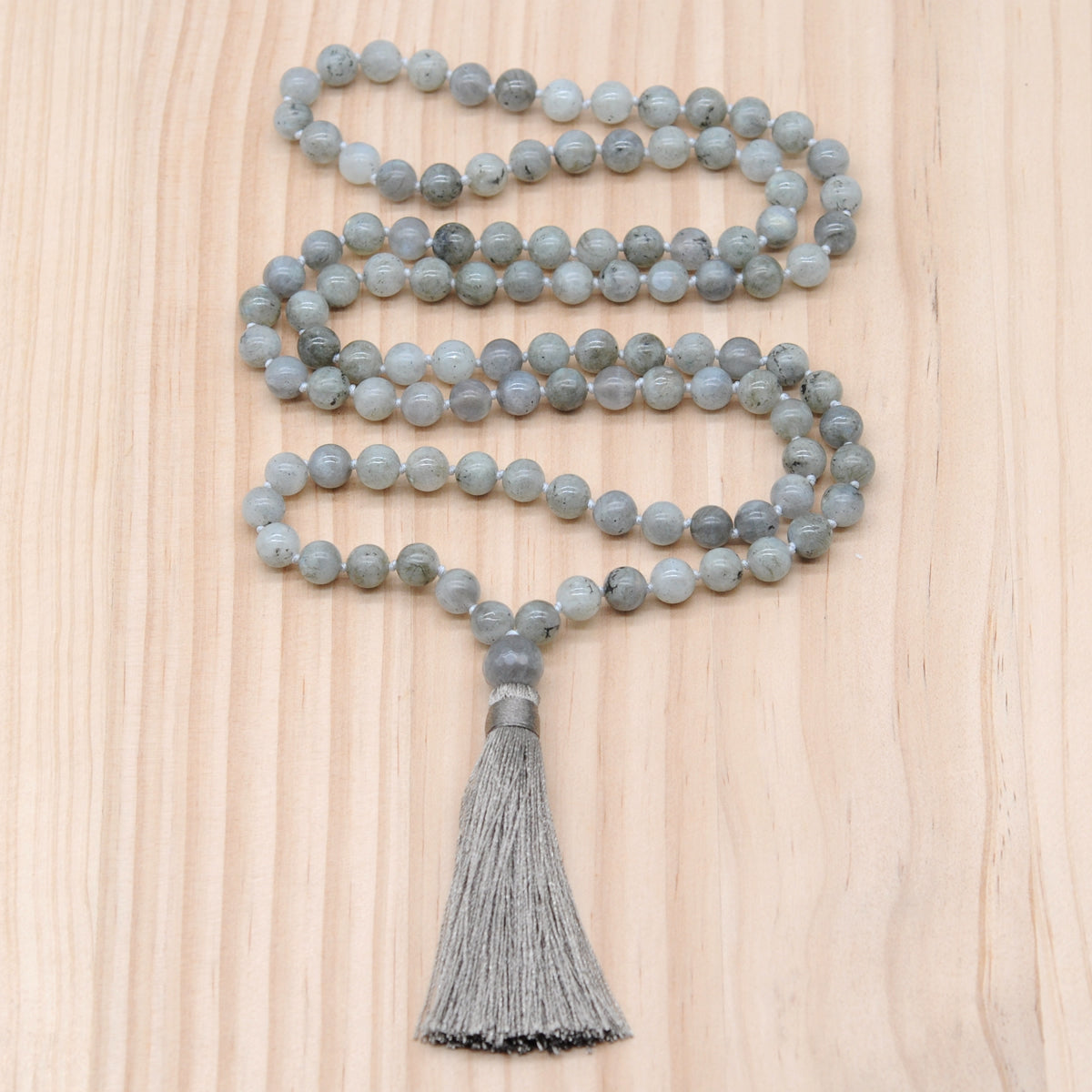 GMN196 Hand-Knotted Smooth Labradorite 108 Beads Mala Necklace