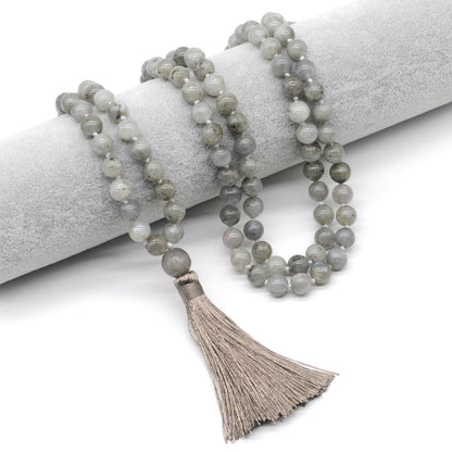 GMN196 Hand-Knotted Smooth Labradorite 108 Beads Mala Necklace