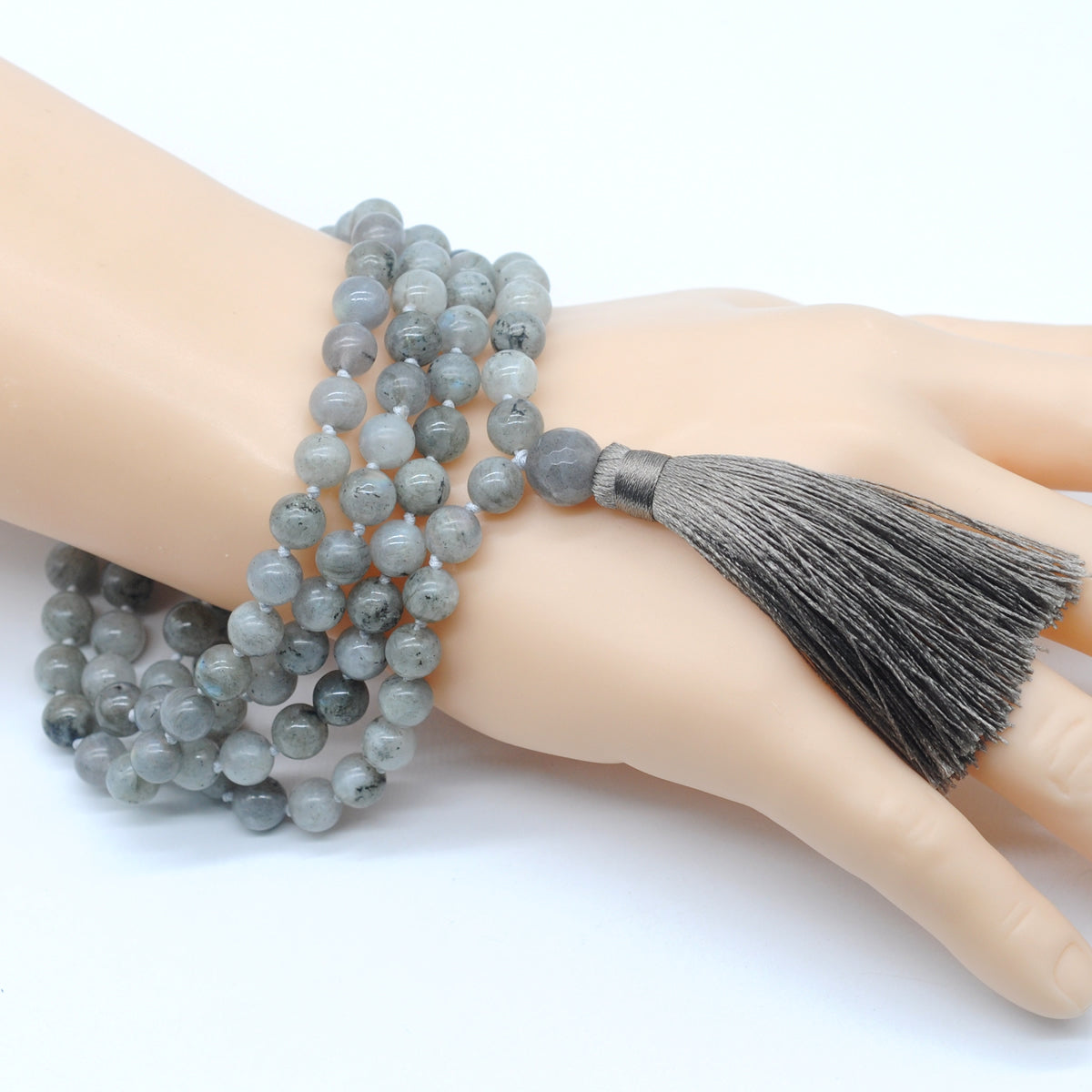 GMN196 Hand-Knotted Smooth Labradorite 108 Beads Mala Necklace