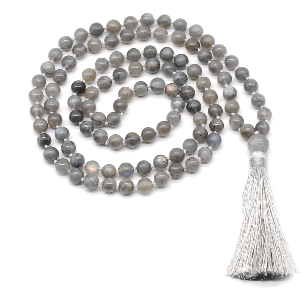 GMN197 Hand-Knotted Smooth Labradorite 108 Beads Mala Necklace