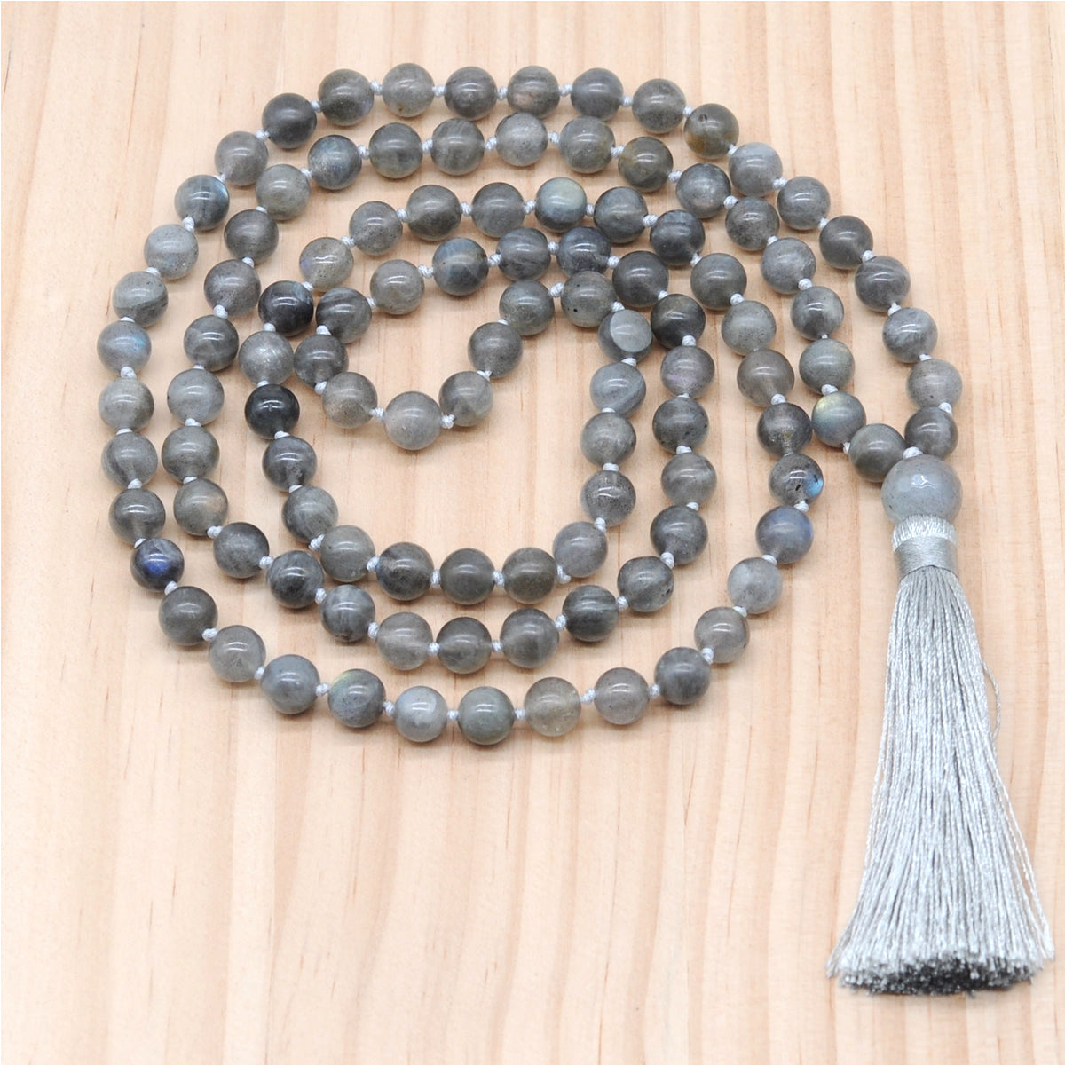 GMN197 Hand-Knotted Smooth Labradorite 108 Beads Mala Necklace