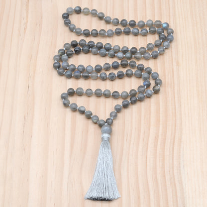 GMN197 Hand-Knotted Smooth Labradorite 108 Beads Mala Necklace