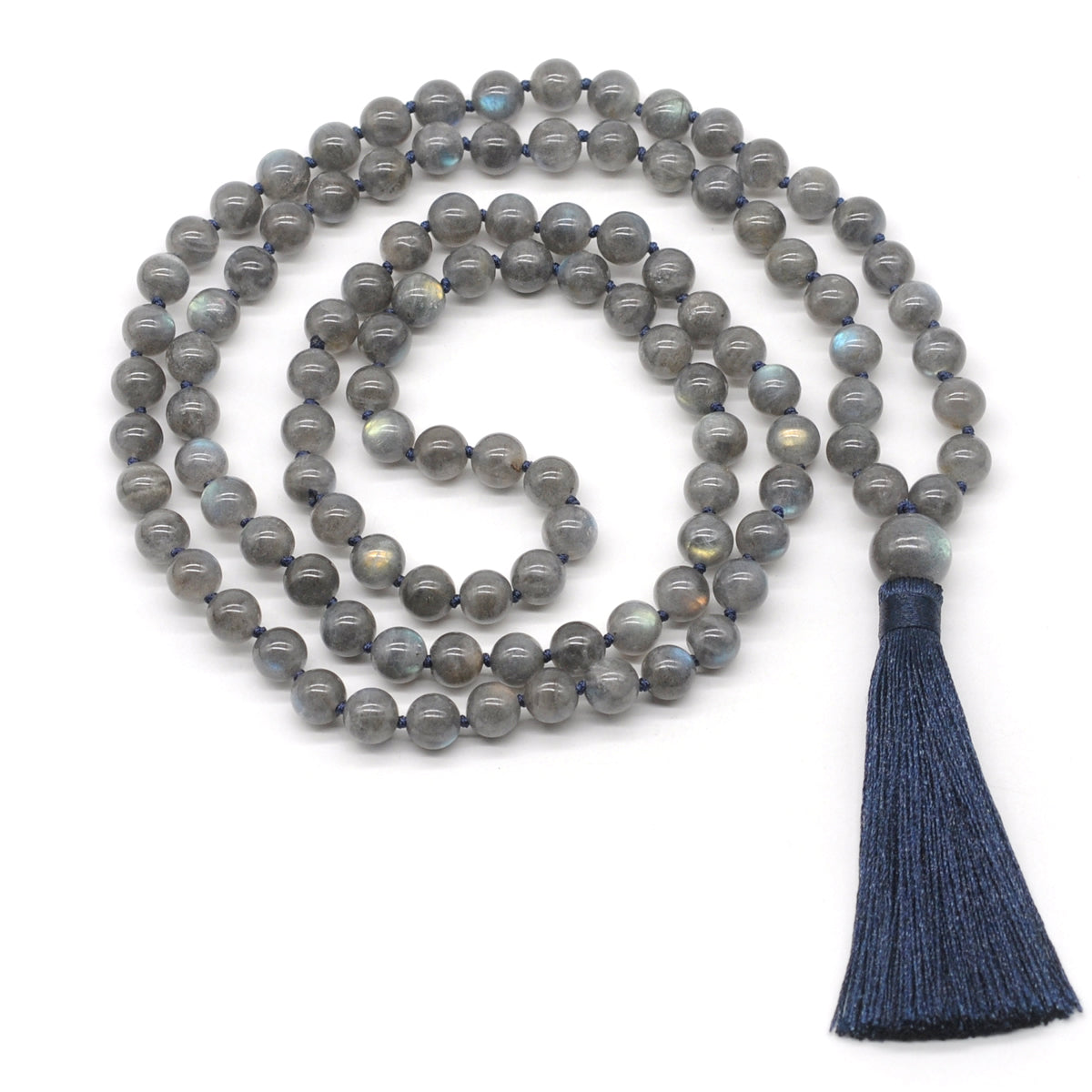 GMN198 Hand-Knotted Smooth Labradorite Gemstone 108 Beads Mala Necklace