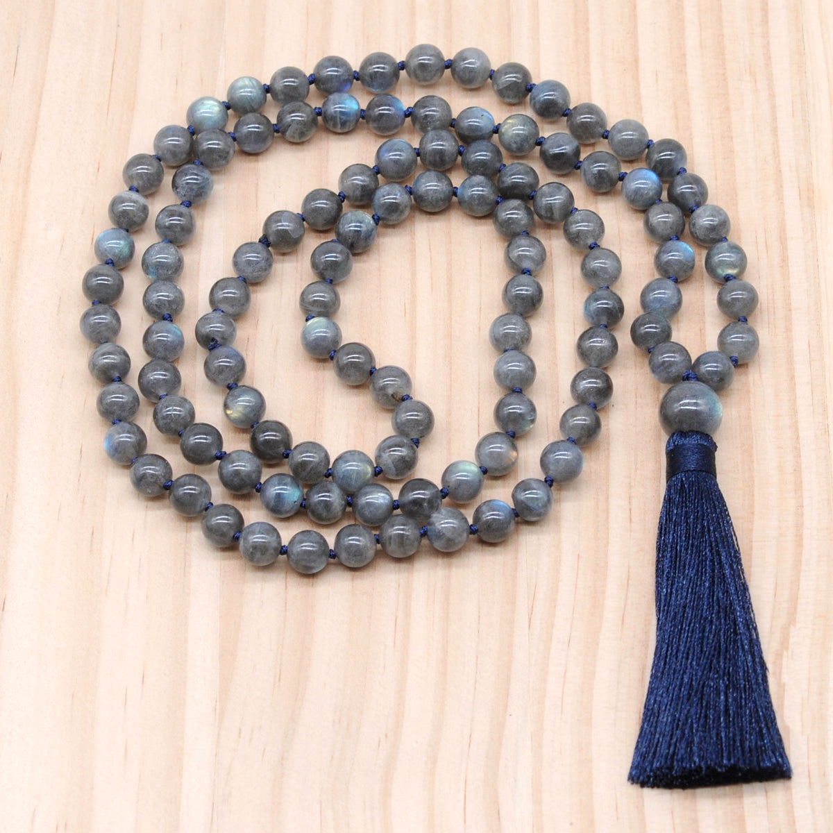 GMN198 Hand-Knotted Smooth Labradorite Gemstone 108 Beads Mala Necklace