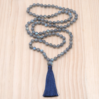 GMN198 Hand-Knotted Smooth Labradorite Gemstone 108 Beads Mala Necklace