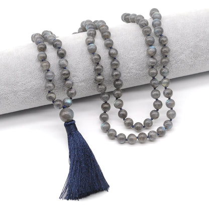 GMN198 Hand-Knotted Smooth Labradorite Gemstone 108 Beads Mala Necklace