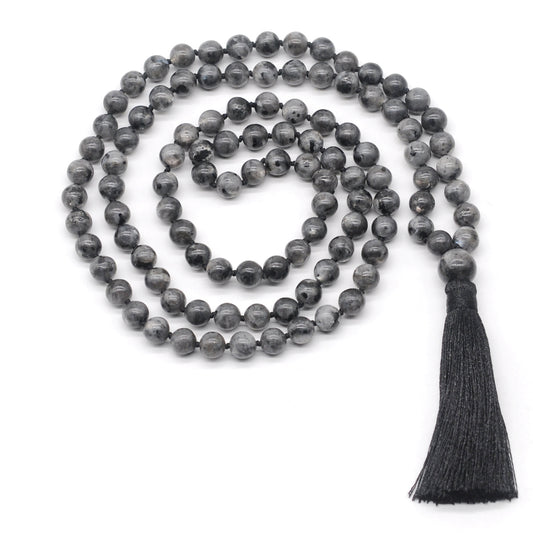 GMN199 Hand-Knotted Smooth Black Labradorite 108 Beads Mala Necklace