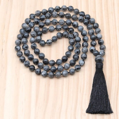 GMN199 Hand-Knotted Smooth Black Labradorite 108 Beads Mala Necklace