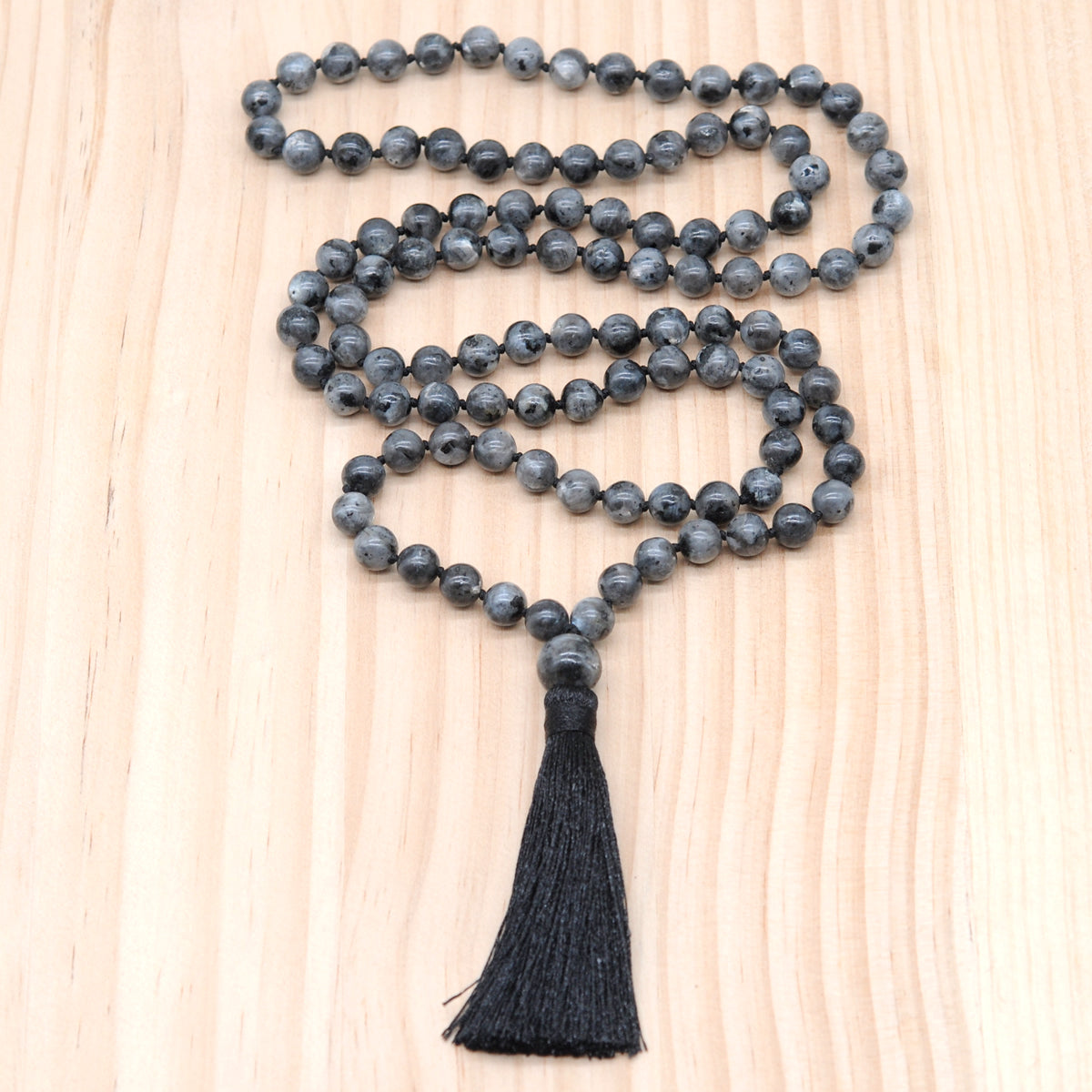 GMN199 Hand-Knotted Smooth Black Labradorite 108 Beads Mala Necklace