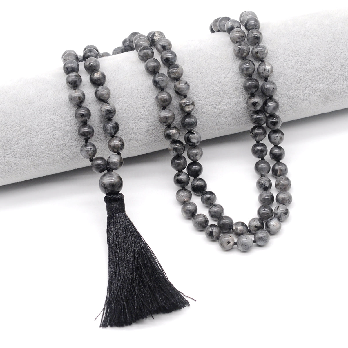 GMN199 Hand-Knotted Smooth Black Labradorite 108 Beads Mala Necklace