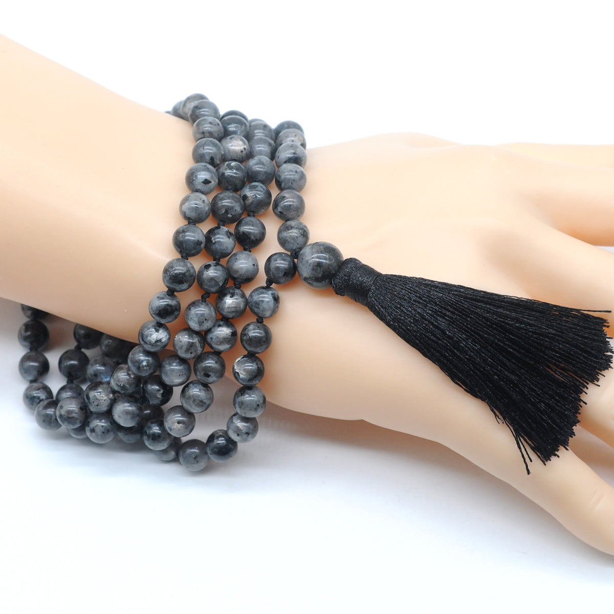 GMN199 Hand-Knotted Smooth Black Labradorite 108 Beads Mala Necklace