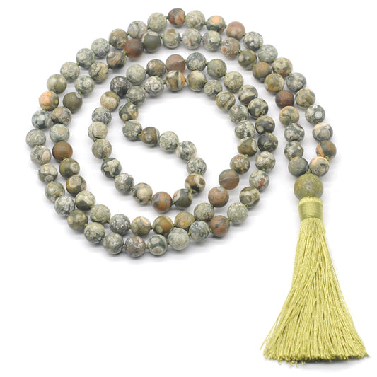 GMN20 Hand-Knotted Matte Rhyolite Gemstone 108 Beads Mala Necklace