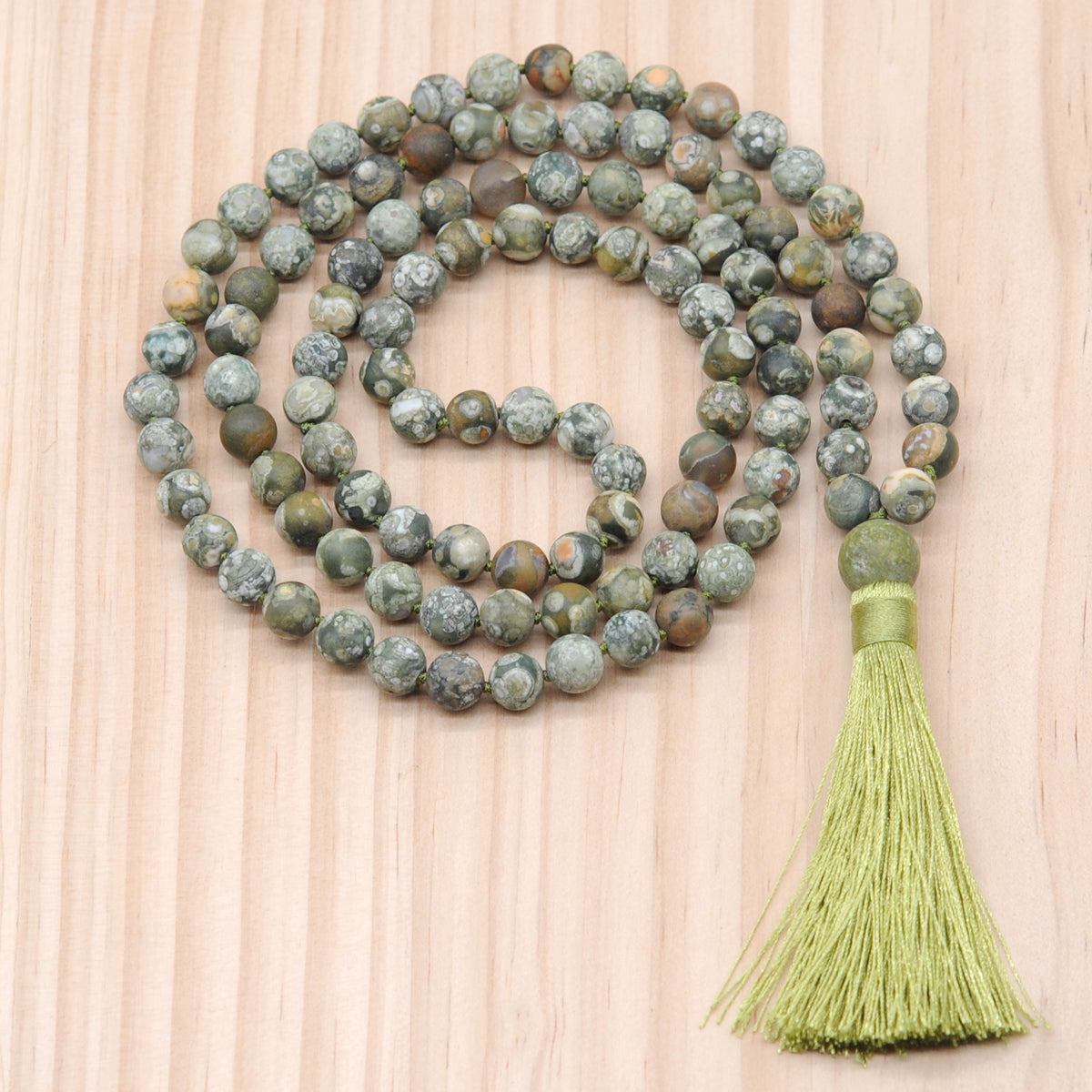 GMN20 Hand-Knotted Matte Rhyolite Gemstone 108 Beads Mala Necklace