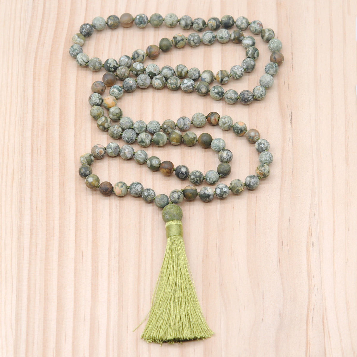 GMN20 Hand-Knotted Matte Rhyolite Gemstone 108 Beads Mala Necklace