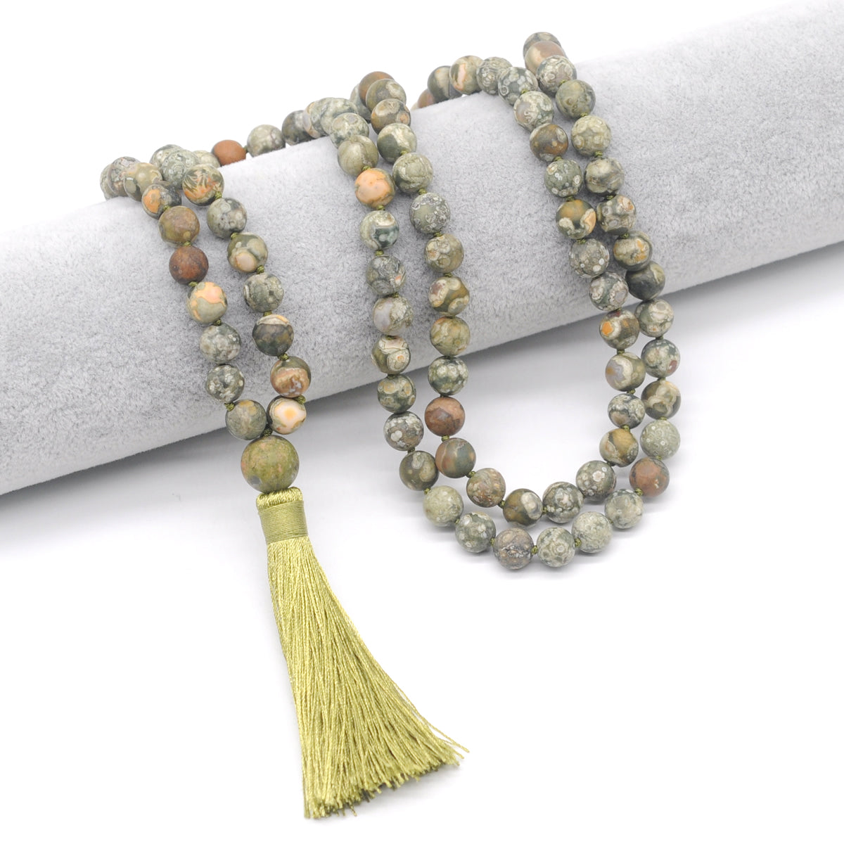 GMN20 Hand-Knotted Matte Rhyolite Gemstone 108 Beads Mala Necklace