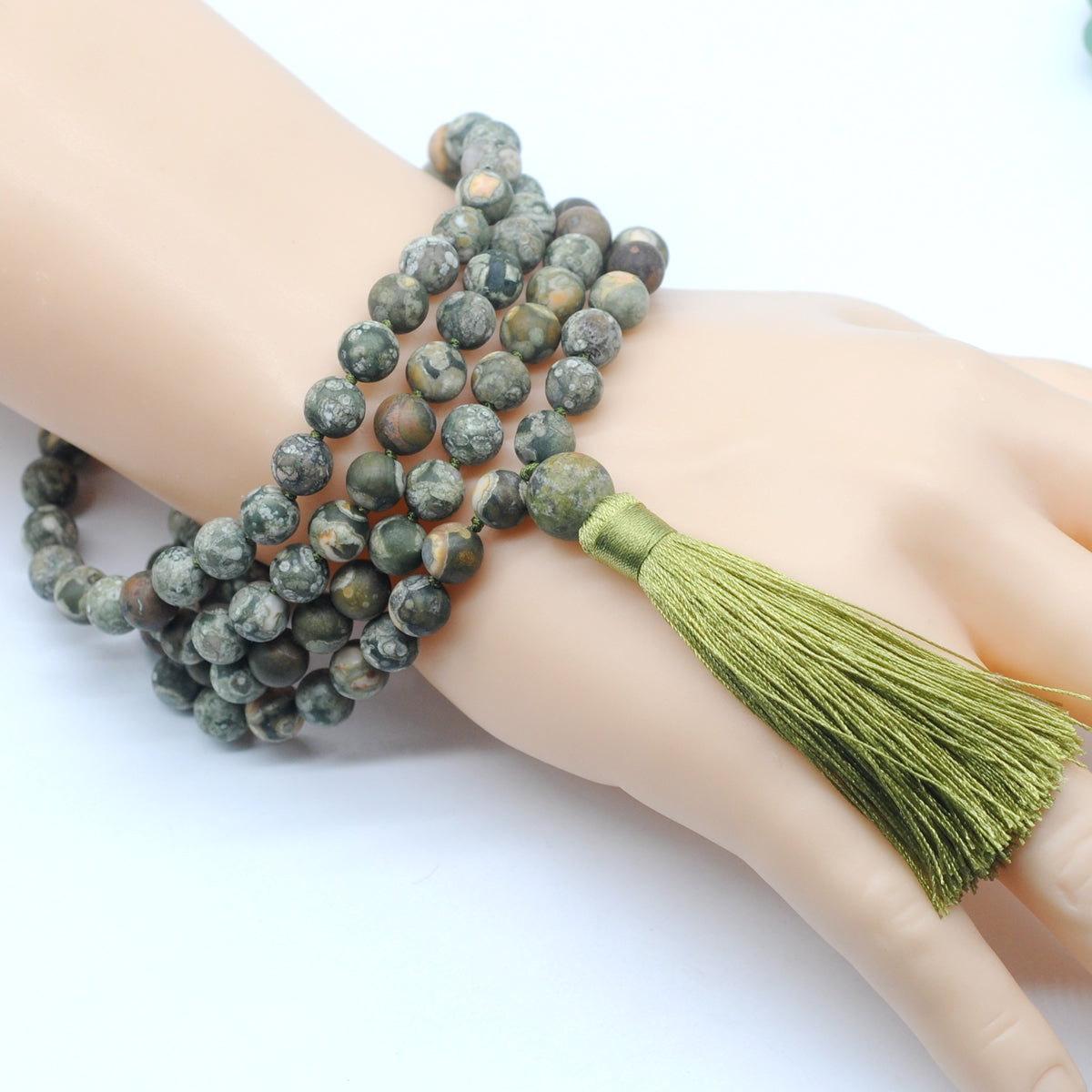 GMN20 Hand-Knotted Matte Rhyolite Gemstone 108 Beads Mala Necklace