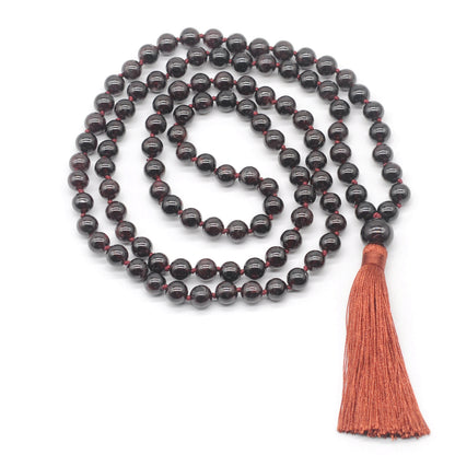 GMN200 Hand-Knotted Smooth Garnet Gemstone 108 Beads Mala Necklace