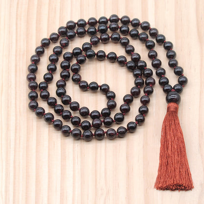 GMN200 Hand-Knotted Smooth Garnet Gemstone 108 Beads Mala Necklace