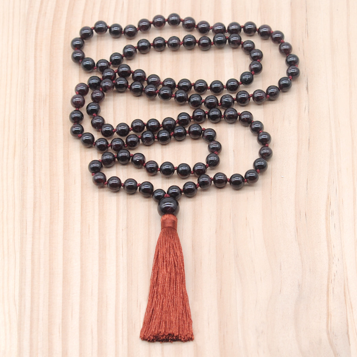 GMN200 Hand-Knotted Smooth Garnet Gemstone 108 Beads Mala Necklace