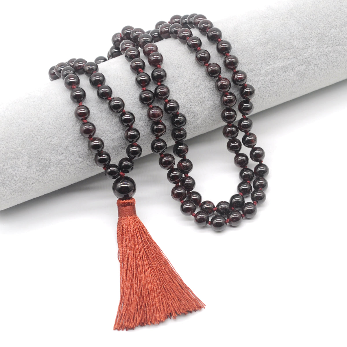 GMN200 Hand-Knotted Smooth Garnet Gemstone 108 Beads Mala Necklace