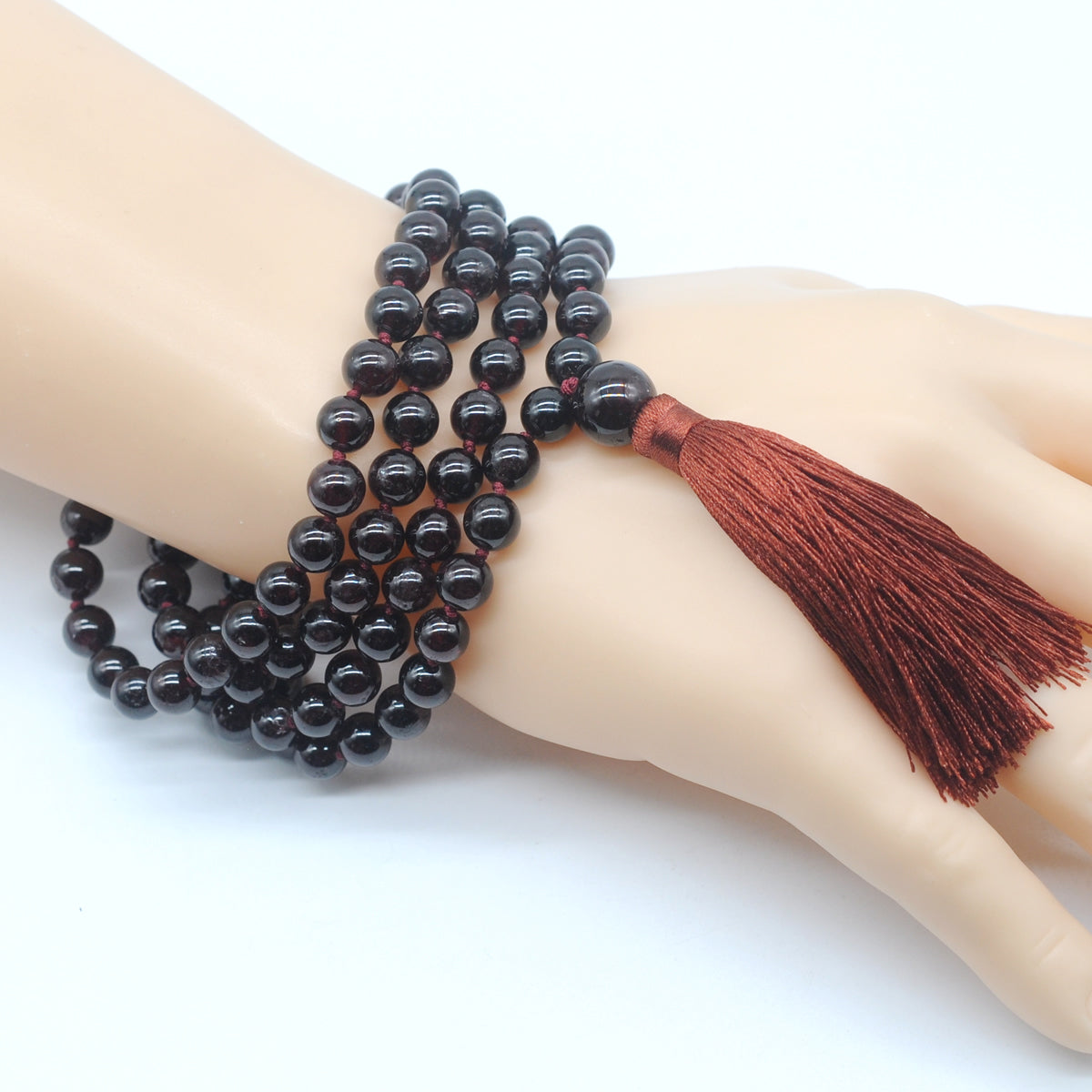 GMN200 Hand-Knotted Smooth Garnet Gemstone 108 Beads Mala Necklace