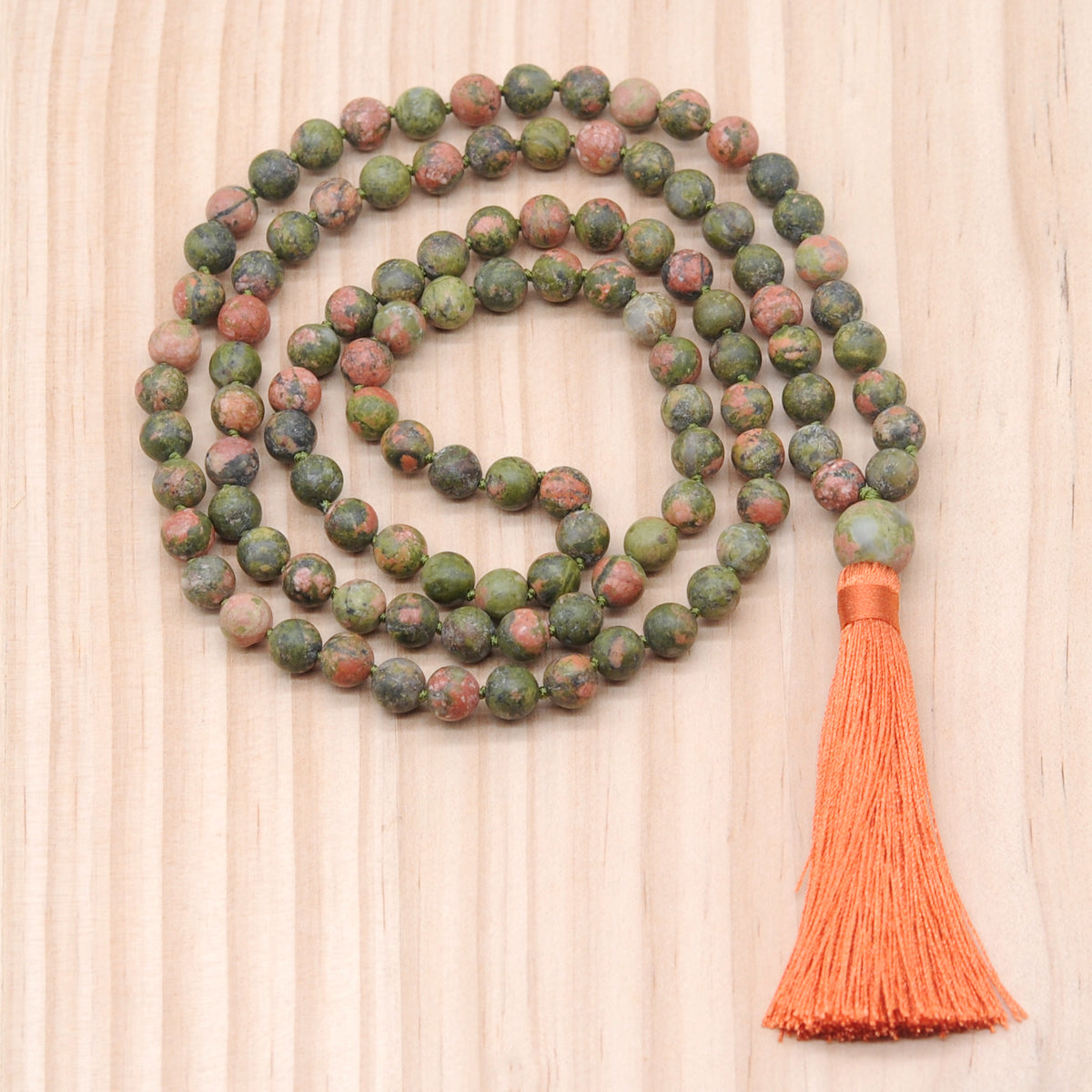 GMN21 Hand-Knotted Matte Unakite Gemstone 108 Beads Mala Necklace