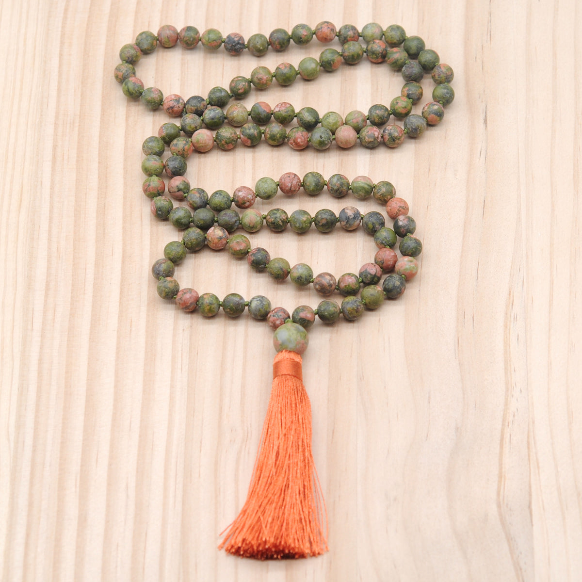 GMN21 Hand-Knotted Matte Unakite Gemstone 108 Beads Mala Necklace