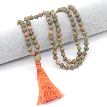 GMN21 Hand-Knotted Matte Unakite Gemstone 108 Beads Mala Necklace