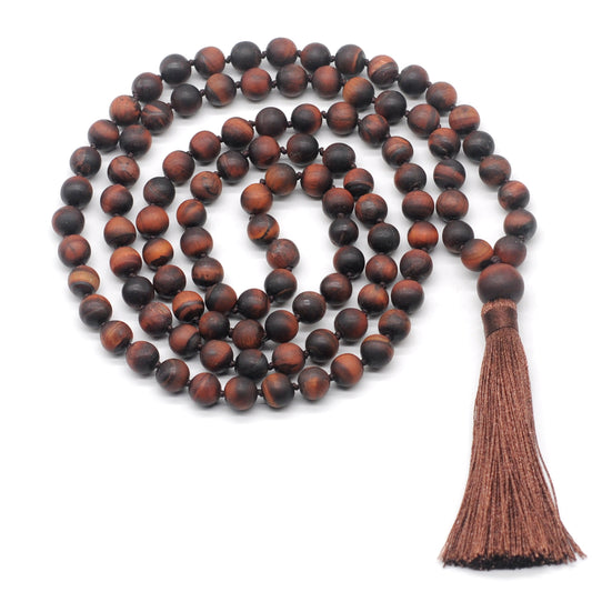 GMN23 Hand-Knotted Matte Red Tiger Eye 108 Beads Mala Necklace