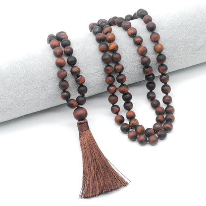 GMN23 Hand-Knotted Matte Red Tiger Eye 108 Beads Mala Necklace