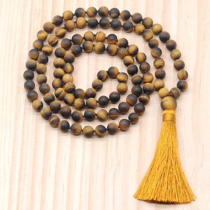 GMN24 Hand-Knotted Matte Yellow Tiger Eye 108 Beads Mala Necklace