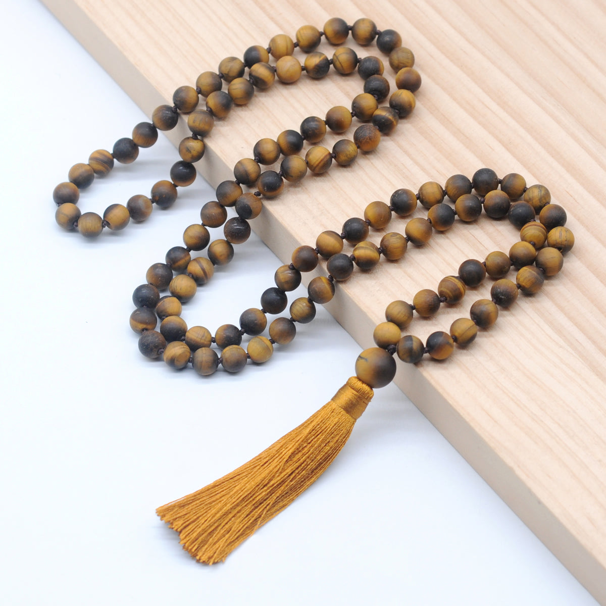 GMN24 Hand-Knotted Matte Yellow Tiger Eye 108 Beads Mala Necklace