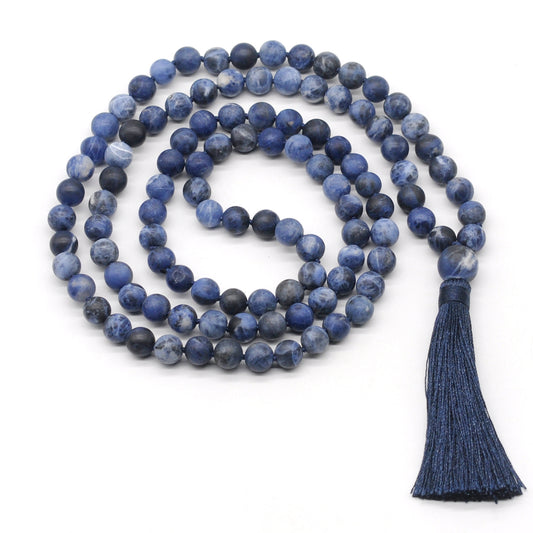 GMN25 Hand-Knotted Matte Sodalite Gemstone 108 Beads Mala Necklace