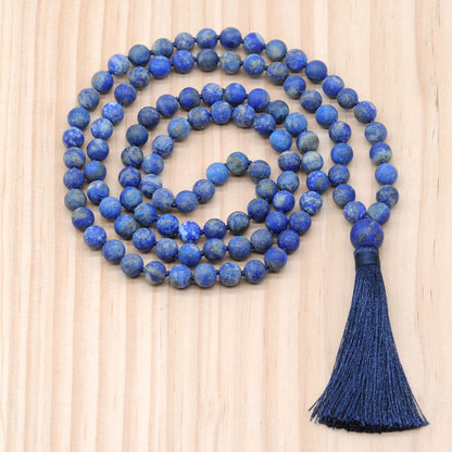 GMN26 Hand-Knotted Matte Lapis Lazuli 108 Beads Mala Necklace