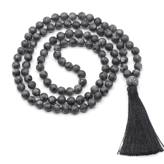 GMN27 Hand-Knotted Matte Black Labradorite 108 Beads Mala Necklace