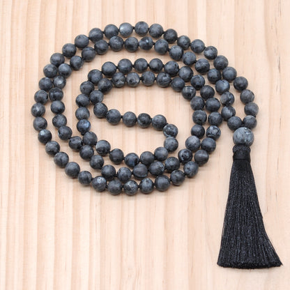 GMN27 Hand-Knotted Matte Black Labradorite 108 Beads Mala Necklace