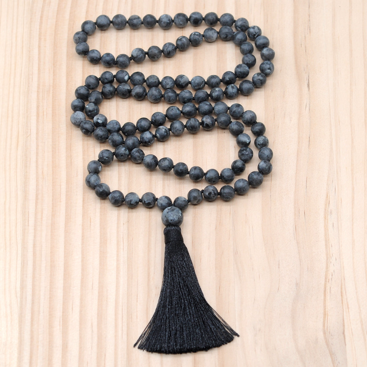 GMN27 Hand-Knotted Matte Black Labradorite 108 Beads Mala Necklace