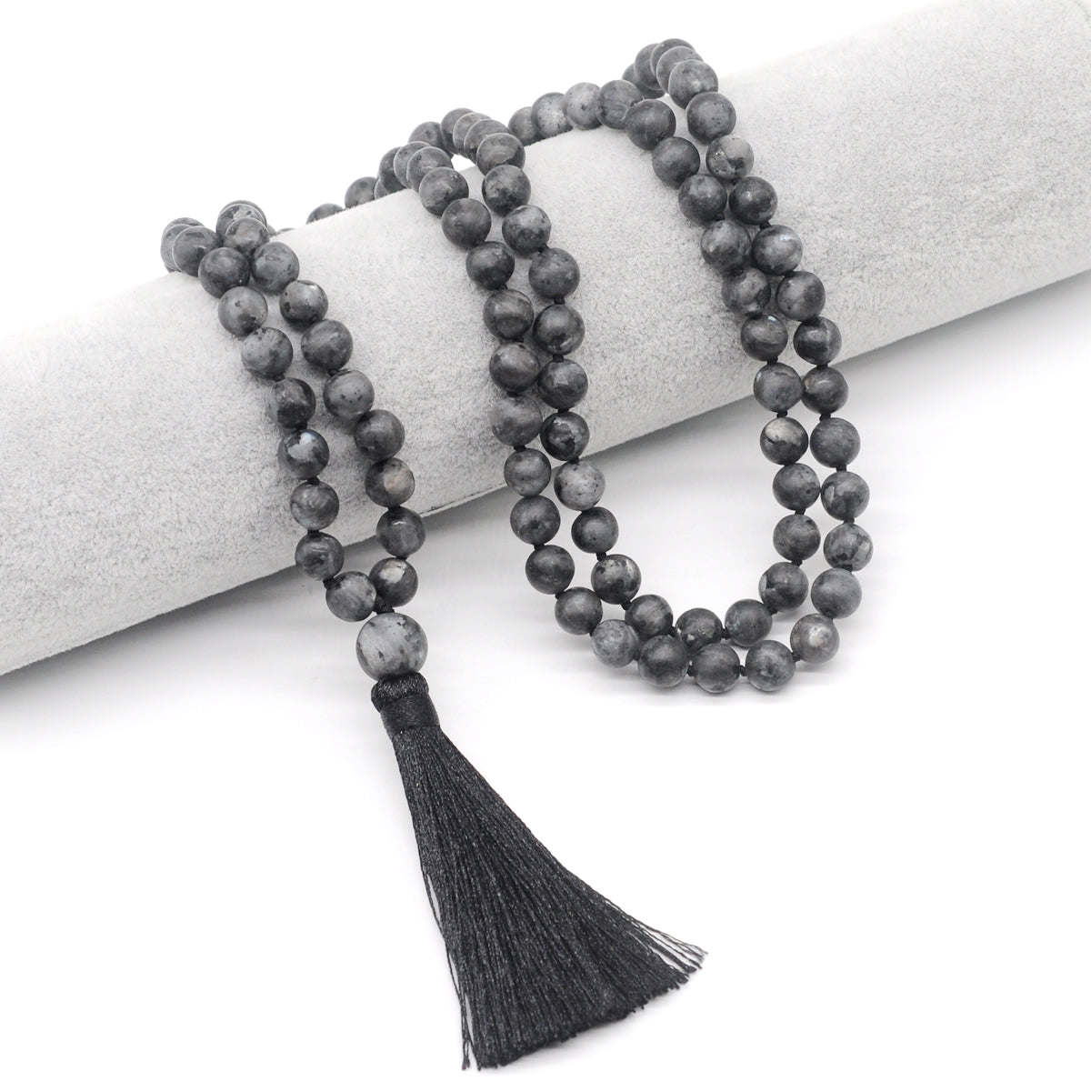 GMN27 Hand-Knotted Matte Black Labradorite 108 Beads Mala Necklace