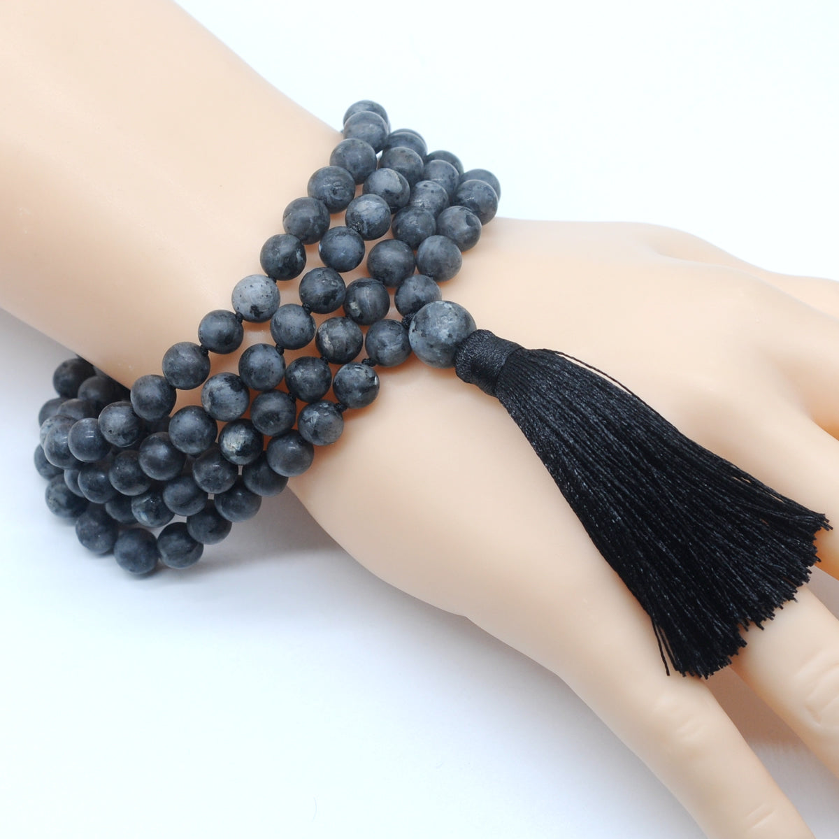 GMN27 Hand-Knotted Matte Black Labradorite 108 Beads Mala Necklace