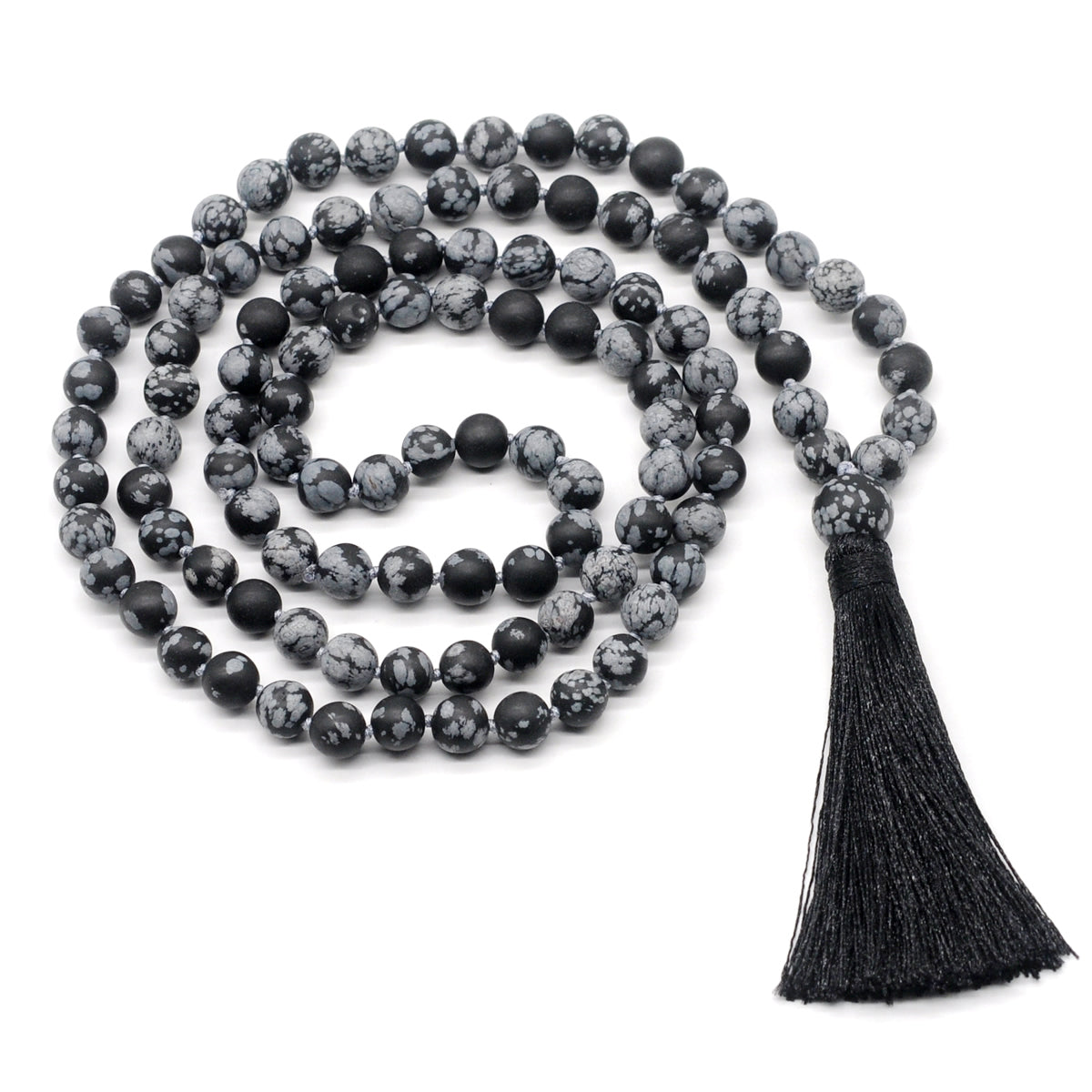 GMN28 Hand-Knotted Matte Snowflake Obsidian 108 Beads Mala Necklace