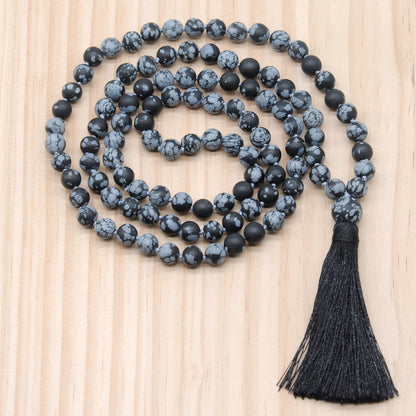 GMN28 Hand-Knotted Matte Snowflake Obsidian 108 Beads Mala Necklace