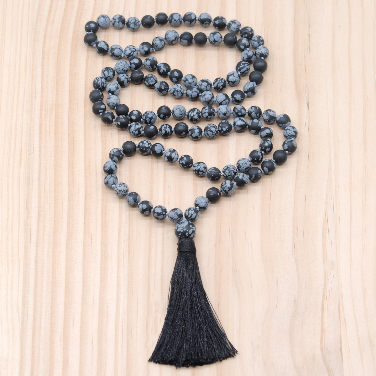 GMN28 Hand-Knotted Matte Snowflake Obsidian 108 Beads Mala Necklace