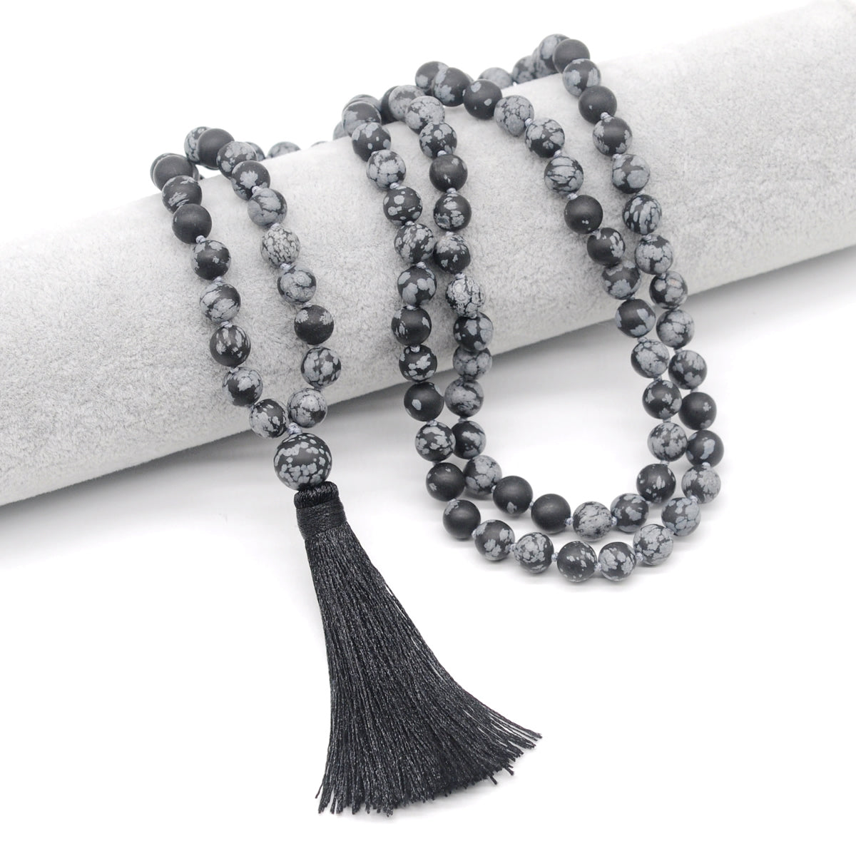 GMN28 Hand-Knotted Matte Snowflake Obsidian 108 Beads Mala Necklace