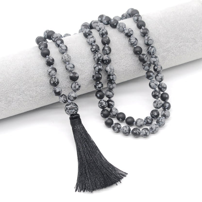 GMN28 Hand-Knotted Matte Snowflake Obsidian 108 Beads Mala Necklace