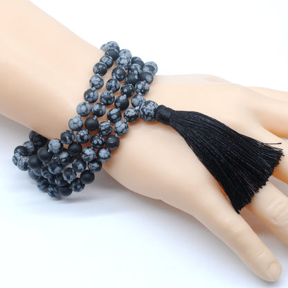 GMN28 Hand-Knotted Matte Snowflake Obsidian 108 Beads Mala Necklace